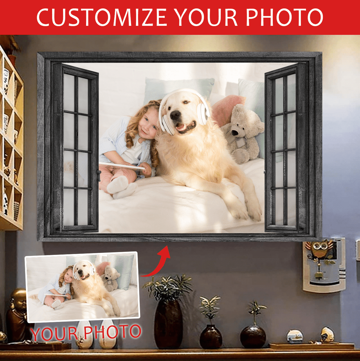 Golden Retriever 3D Window View Customized Your Photo Personalized Photo Gift Idea Gift Husband Gift Wife Pets Lover Framed Prints, Canvas Paintings