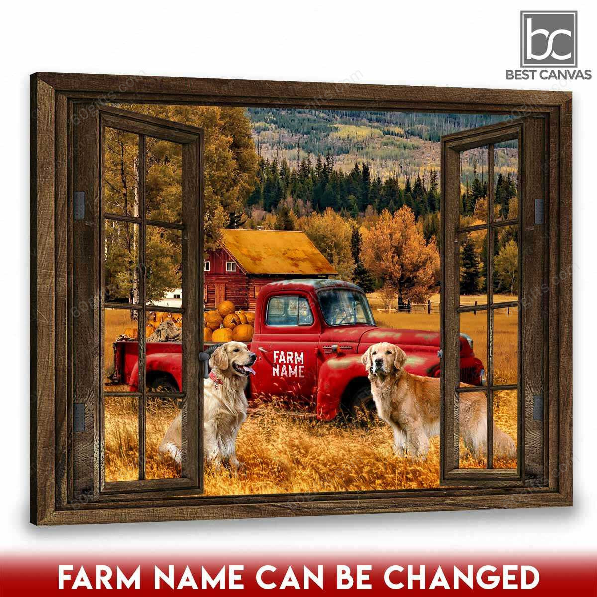 Customized Name Happy Wedding Anniversary Gifts Pumpkin Red Truck And Golden Retriever Through Rustic Window - Personalized Canvas Print Wall Art Home Decor