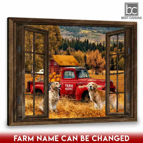 Customized Name Happy Wedding Anniversary Gifts Pumpkin Red Truck And Golden Retriever Through Rustic Window - Personalized Canvas Print Wall Art Home Decor