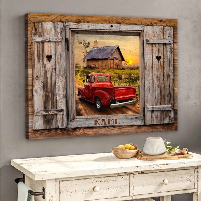 Customized Name Country Scene And Pickup Truck Through Faux Window - Personalized Canvas Print Wall Art Farmhouse Decor