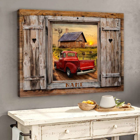 Customized Name Country Scene And Pickup Truck Through Faux Window - Personalized Canvas Print Wall Art Farmhouse Decor