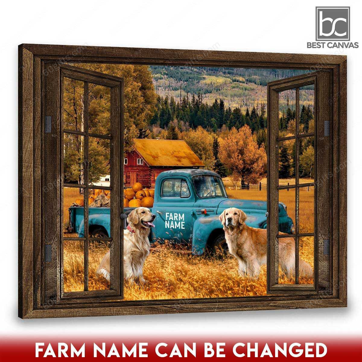 Customized Name Happy Wedding Anniversary Gifts Pumpkin Truck And Golden Retriever Through Rustic Window - Personalized Canvas Print Wall Art Home Decor