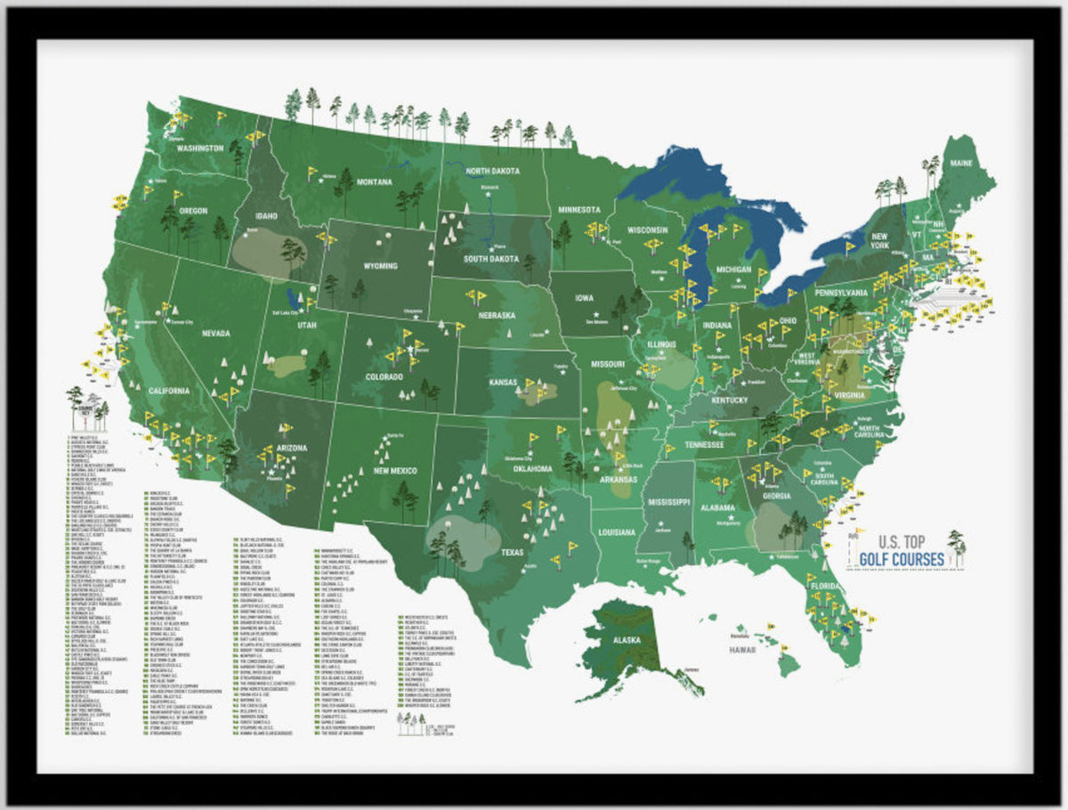 here Canvas Golf Gifts For Men, Personalised Golf Gift, Golf Map, Push Pin Map Board, Gift for Golfer, Top 200 Golf Courses, Framed Golf map