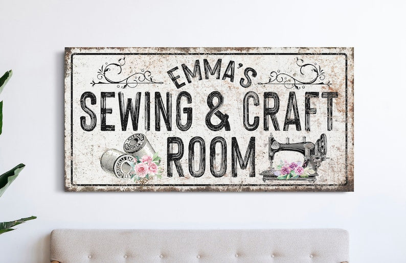 Custom Sewing And Craft Room Sign, Personalized Canvas Living Room Sig