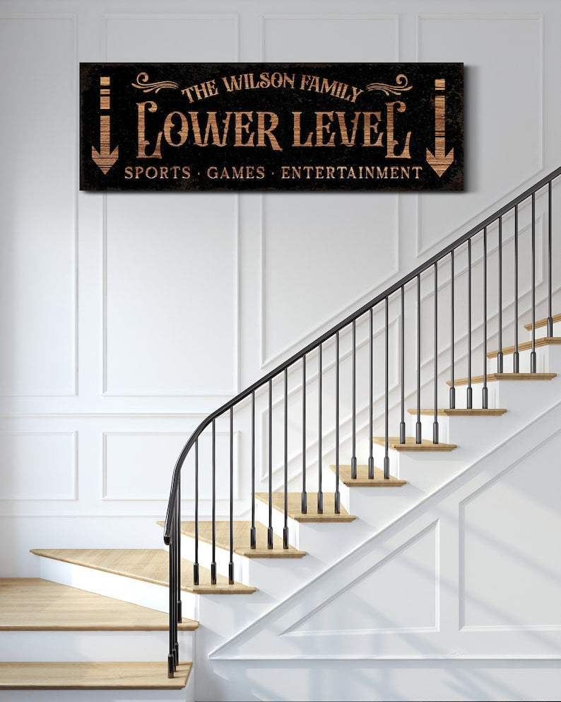 Personalized Lower Level Sign with Family Name Game Movie Room Wall De