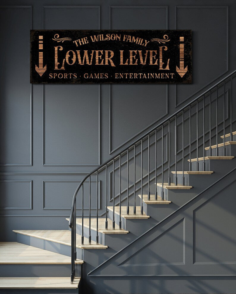 Personalized Lower Level Sign with Family Name Game Movie Room Wall De