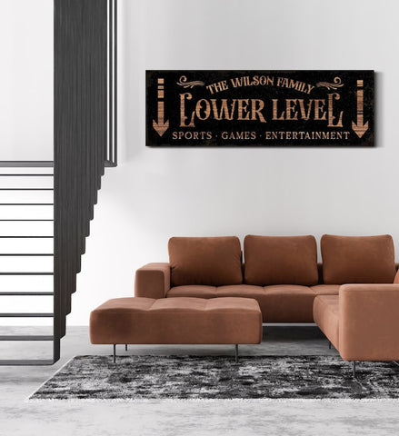 Personalized Lower Level Sign with Family Name Game Movie Room Wall De