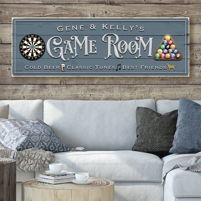 Game Room Sign Personalized Canvas Wall Art | Darts And Billiards Game