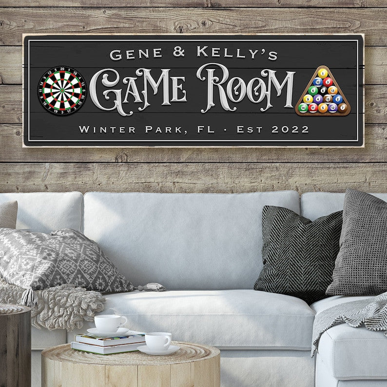 Game Room Sign Personalized Canvas Wall Art | Darts And Billiards Game