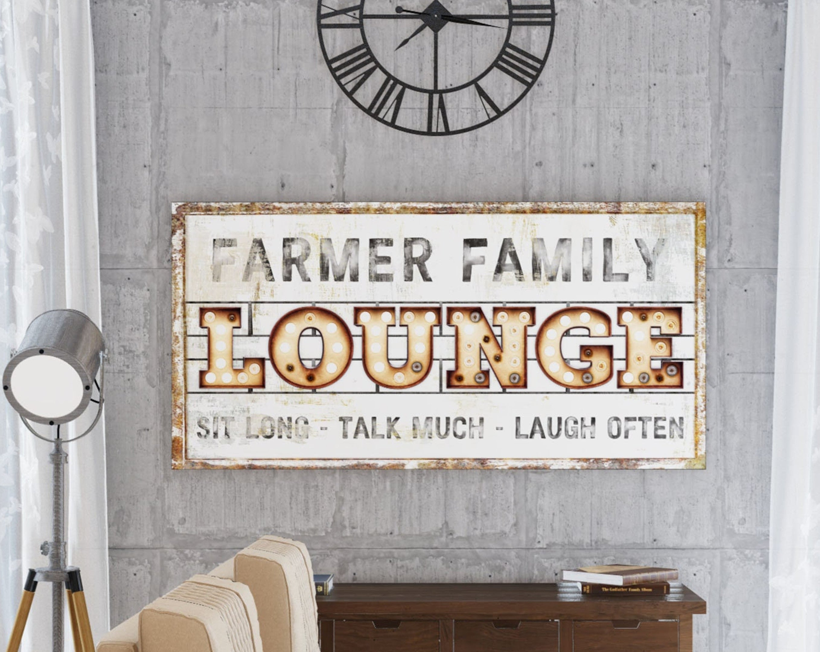 Family Theater Lounge Sign Modern Farmhouse Wall Decor, Personalized L