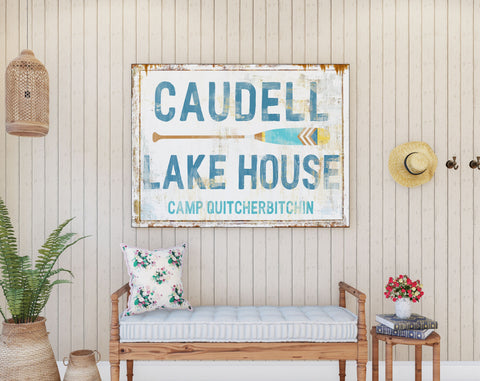 Lake House Rustic Wall Decor Personalized Family Sign, Lodge Log Cabin