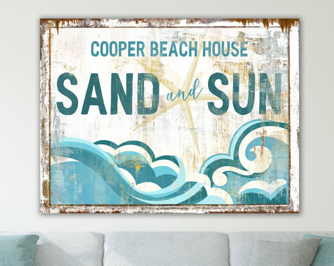 Coastal Farmhouse Wall Decor Beach House Sign, Sand & Sun Personalized