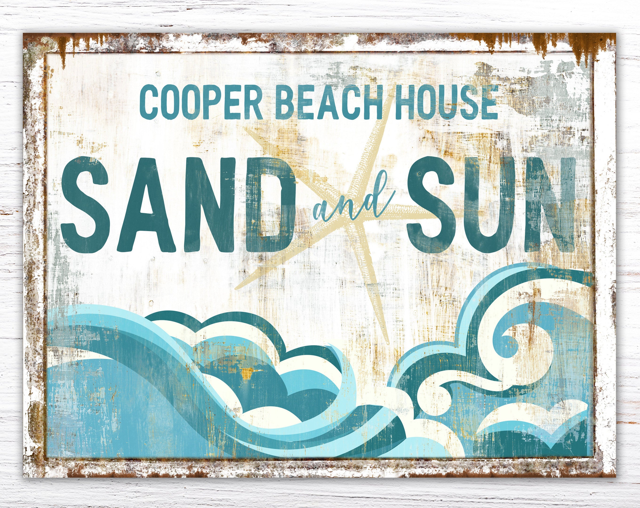 Coastal Farmhouse Wall Decor Beach House Sign, Sand & Sun Personalized