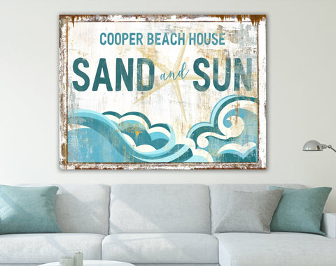 Coastal Farmhouse Wall Decor Beach House Sign, Sand & Sun Personalized