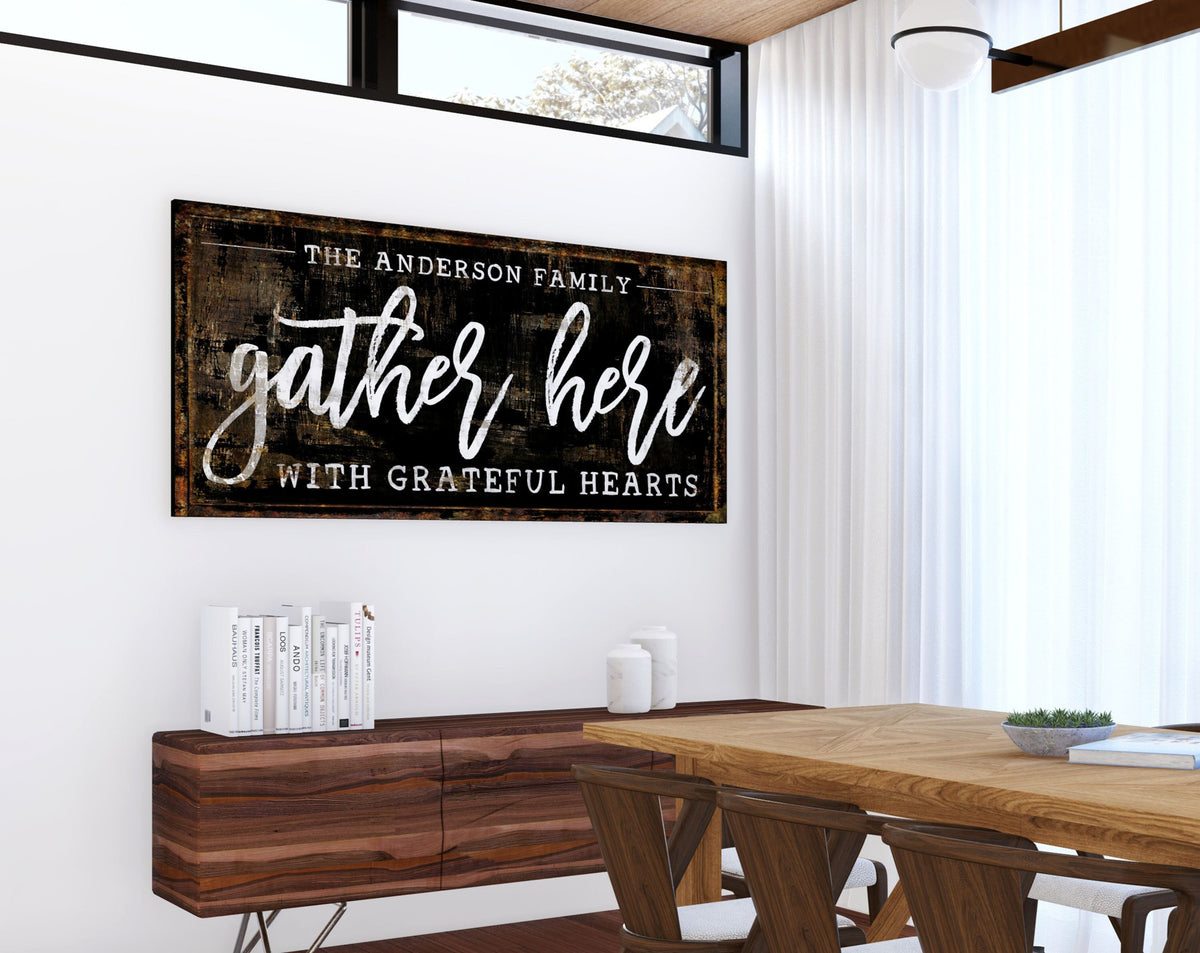 Personalized Family Name Gather Here With Grateful Hearts Sign Vintage