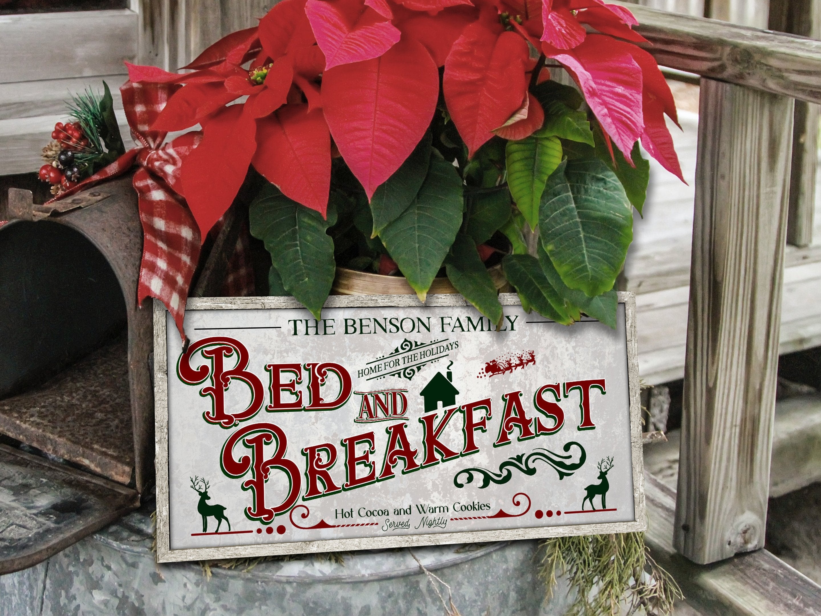 here Canvas Bed and Breakfast Christmas Sign | Christmas Decor Sign | Personalized Family Christmas Sign | Farmhouse Christmas | Lightly Distressed Sign