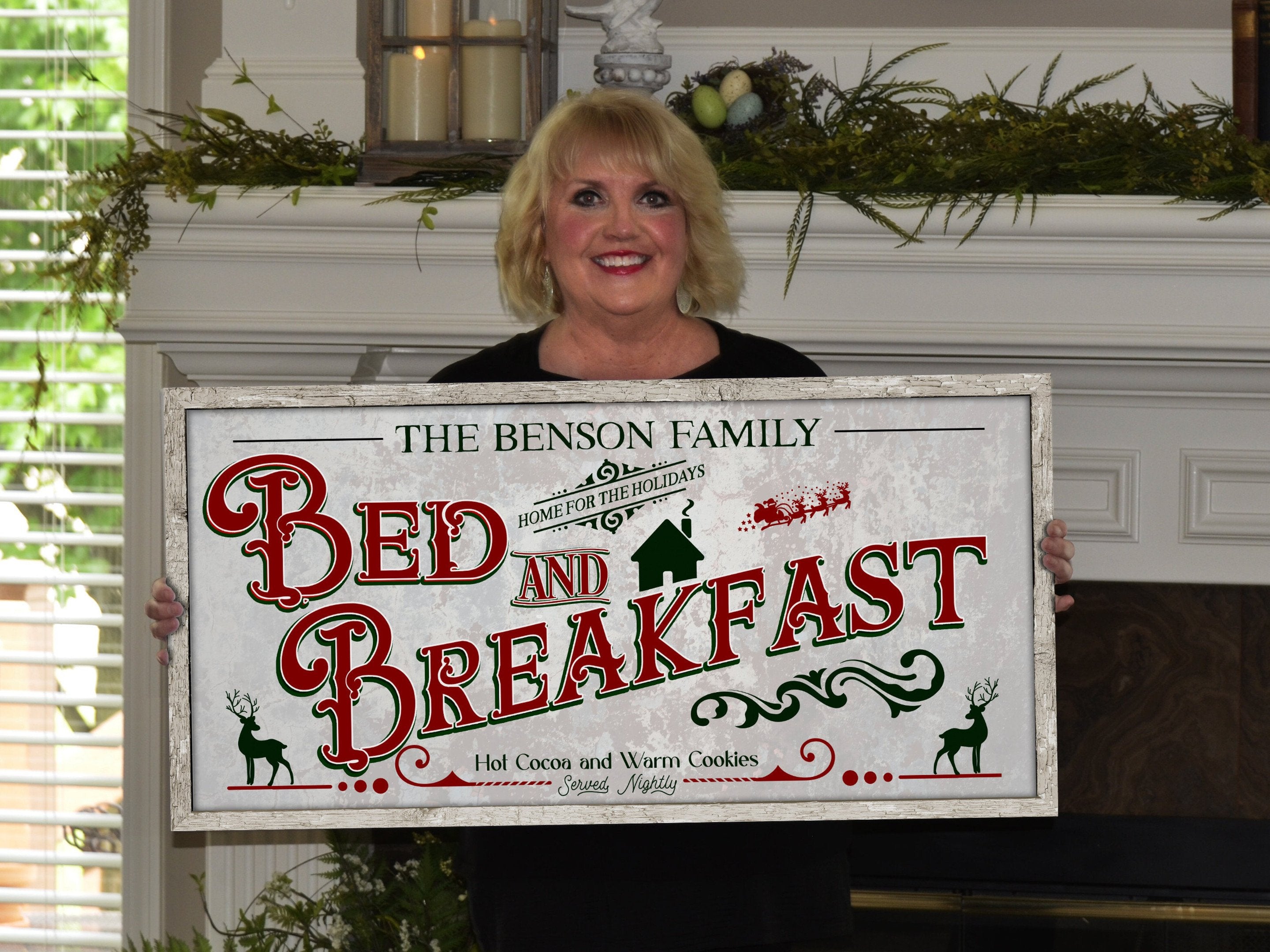 here Canvas Bed and Breakfast Christmas Sign | Christmas Decor Sign | Personalized Family Christmas Sign | Farmhouse Christmas | Lightly Distressed Sign