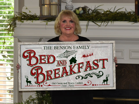 here Canvas Bed and Breakfast Christmas Sign | Christmas Decor Sign | Personalized Family Christmas Sign | Farmhouse Christmas | Lightly Distressed Sign