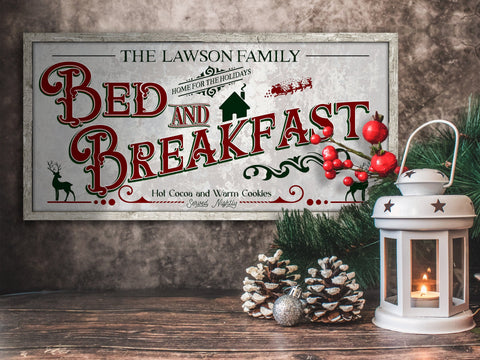 here Canvas Bed and Breakfast Christmas Sign | Christmas Decor Sign | Personalized Family Christmas Sign | Farmhouse Christmas | Lightly Distressed Sign