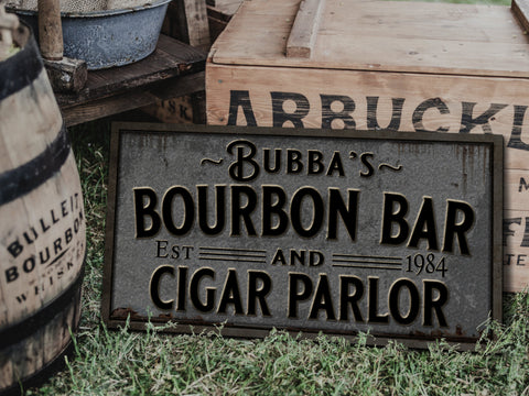 here Canvas Pewter-Styled Farmhouse Bourbon Bar Sign | Personalized Bourbon Sign | Bourbon Cigar Lounge Sign | Family Name Bar Sign | Family Bar Sign