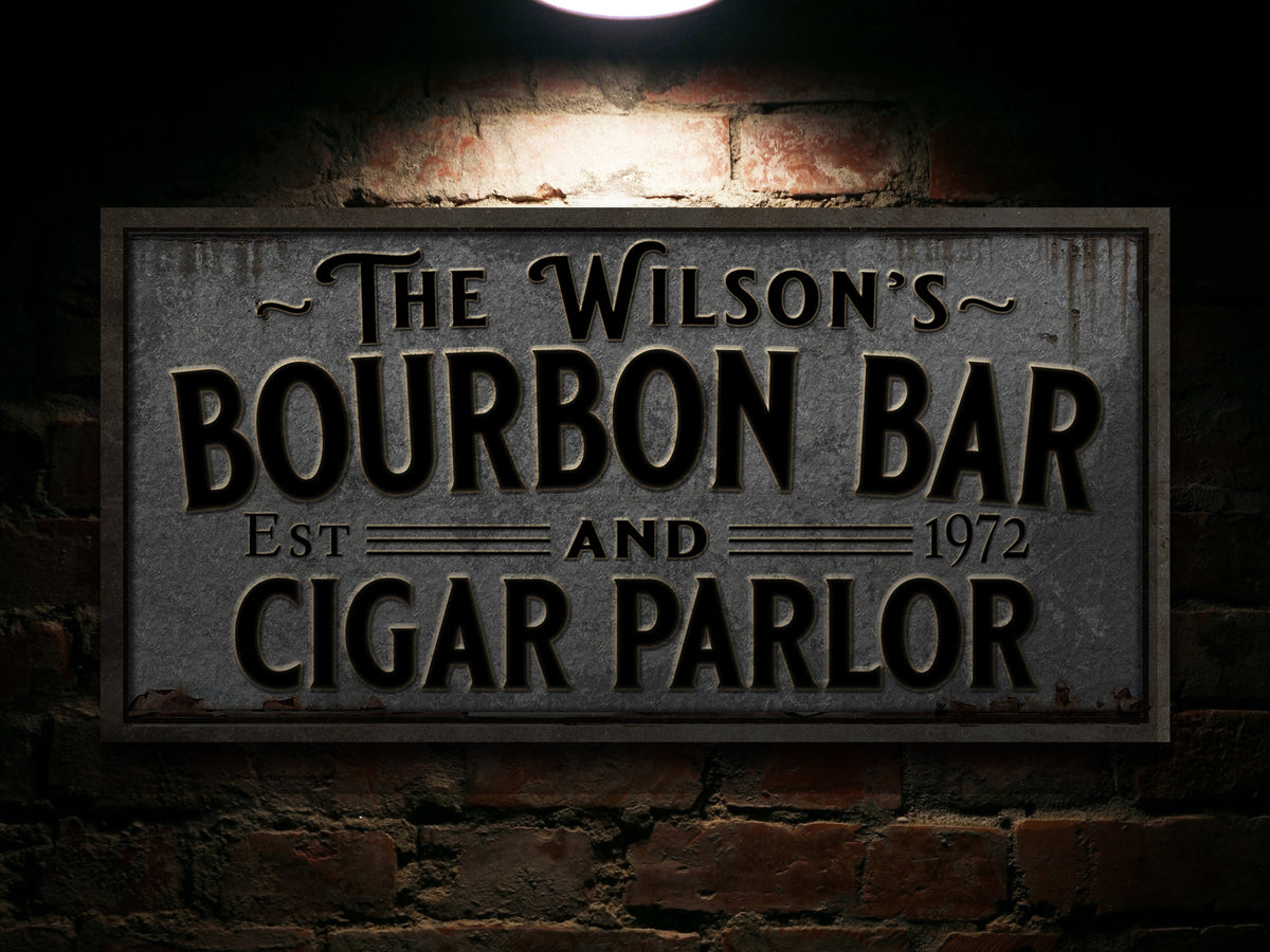 here Canvas Pewter-Styled Farmhouse Bourbon Bar Sign | Personalized Bourbon Sign | Bourbon Cigar Lounge Sign | Family Name Bar Sign | Family Bar Sign