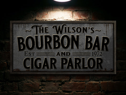 here Canvas Pewter-Styled Farmhouse Bourbon Bar Sign | Personalized Bourbon Sign | Bourbon Cigar Lounge Sign | Family Name Bar Sign | Family Bar Sign