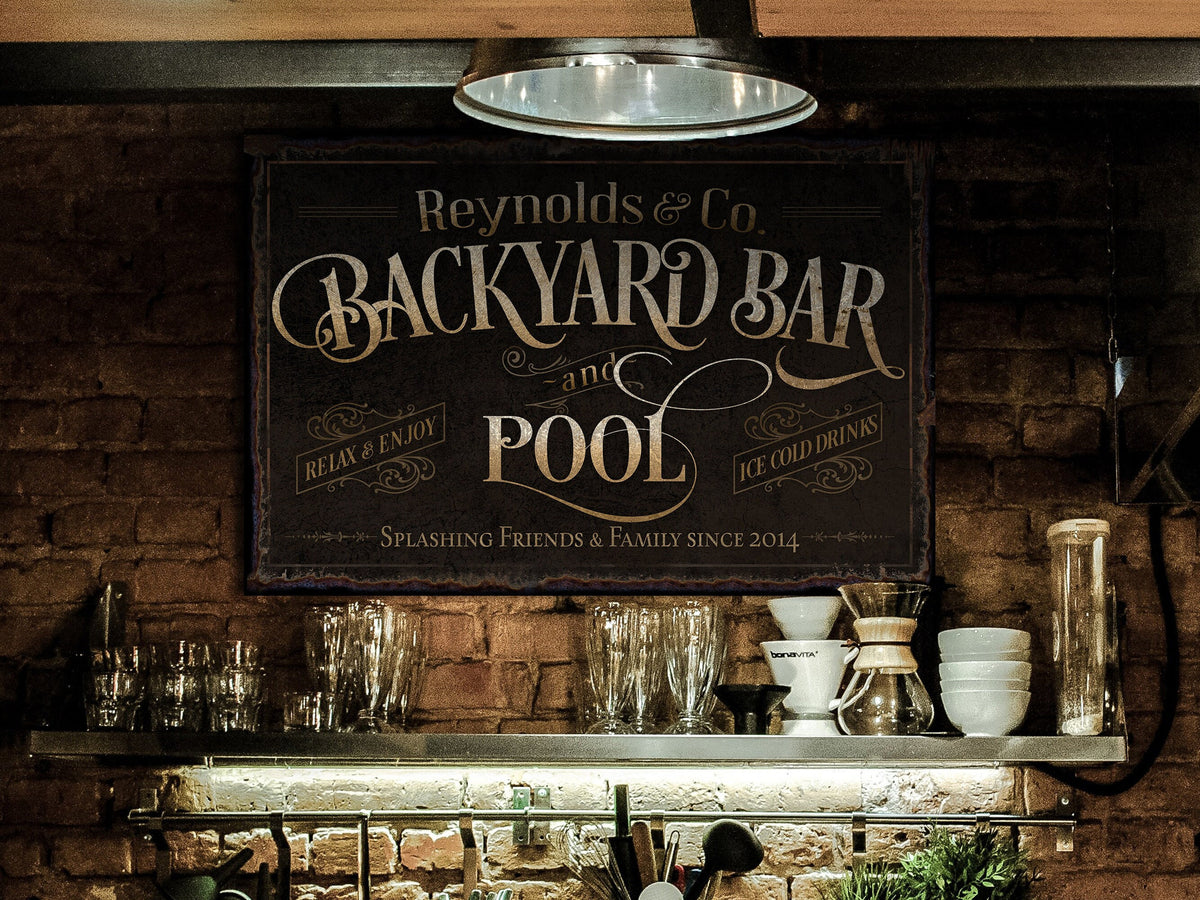 here Canvas Personalized Backyard Pool Bar Sign | Patio Pool Bar Sign | Porch Bar Sign | Name Sign | Modern Farmhouse Decor | Large Metal Sign