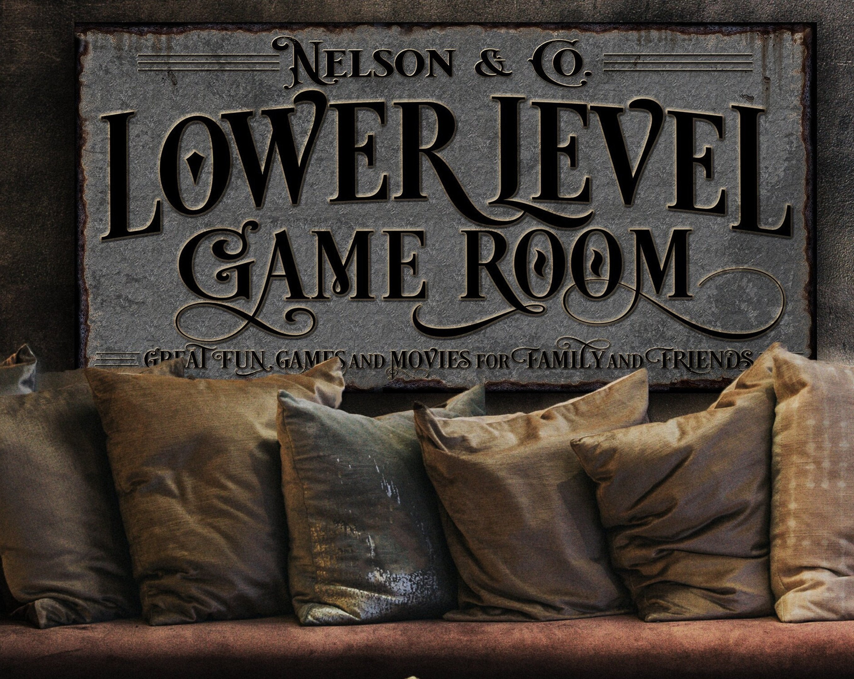 here Canvas Lower Level Game Room Sign | Personalized Game Room Sign | Lower Level Sign | Man Cave Decor | Customized Game Room Sign for Lower Level