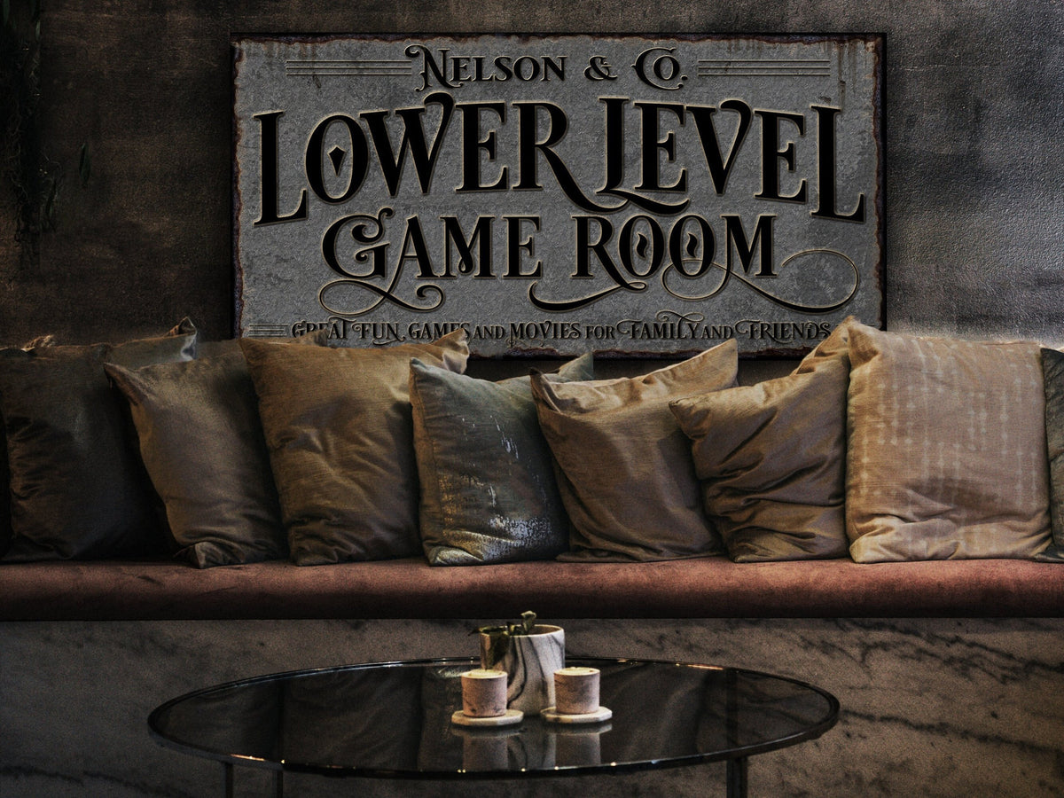 here Canvas Lower Level Game Room Sign | Personalized Game Room Sign | Lower Level Sign | Man Cave Decor | Customized Game Room Sign for Lower Level