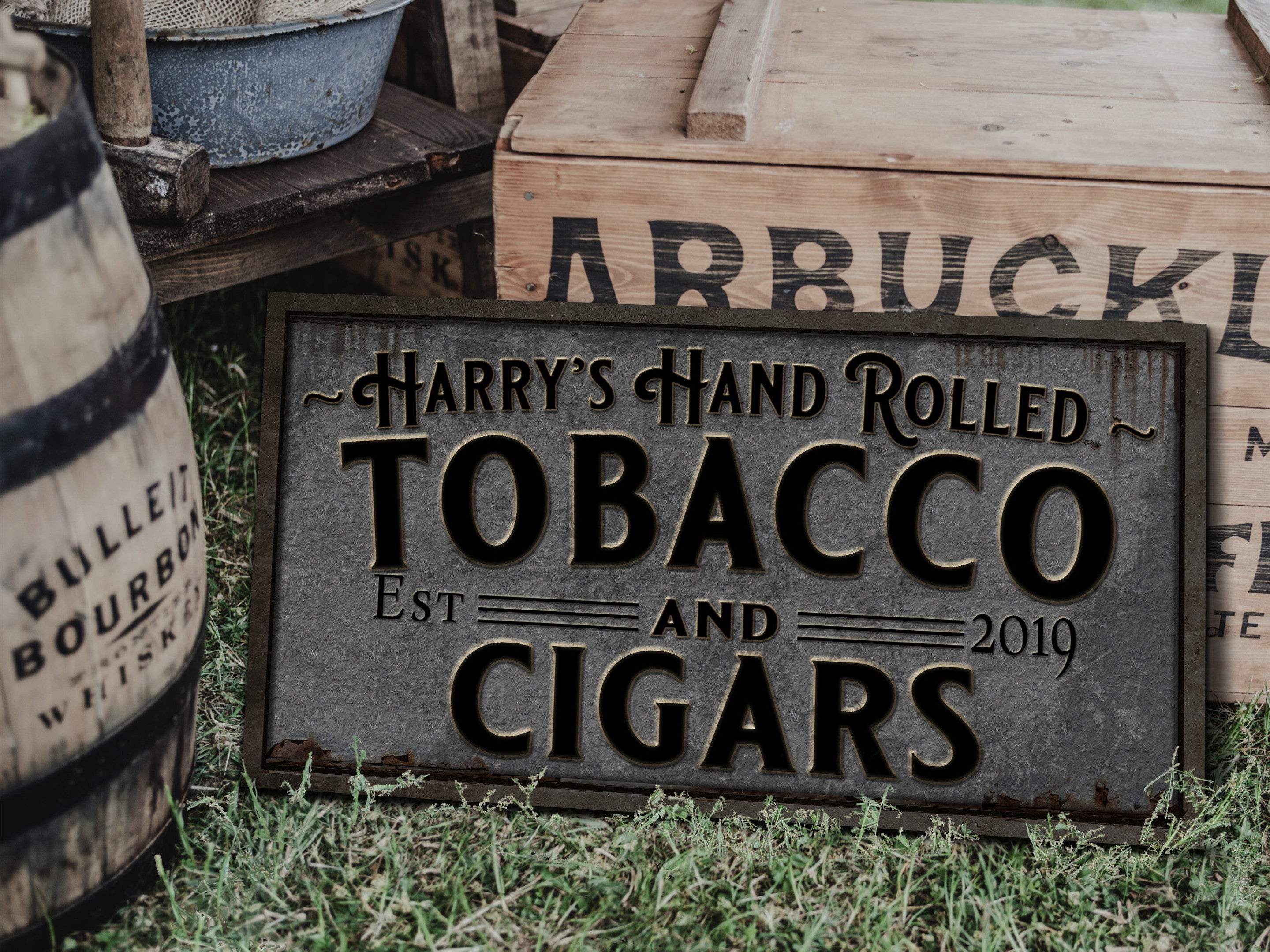 here Canvas Primitive Farmhouse Cigar Bar Sign | Personalized Cigar Tobacco Sign | Hand Rolled Tobacco Sign | Family Name Sign | Family Bar Sign