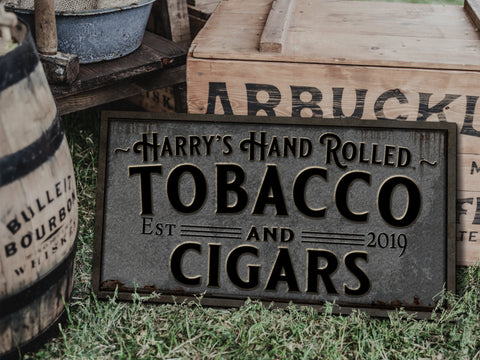 here Canvas Primitive Farmhouse Cigar Bar Sign | Personalized Cigar Tobacco Sign | Hand Rolled Tobacco Sign | Family Name Sign | Family Bar Sign