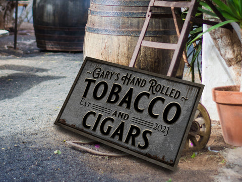 here Canvas Primitive Farmhouse Cigar Bar Sign | Personalized Cigar Tobacco Sign | Hand Rolled Tobacco Sign | Family Name Sign | Family Bar Sign