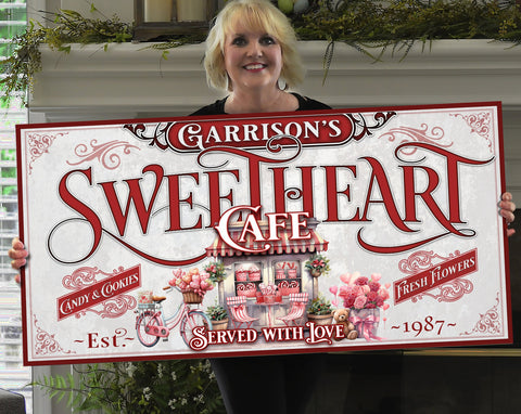 here Canvas Family Name Sweetheart Cafe Valentine's Day Sign | Valentine Decor | Personalized Sweetheart Sign | Valentine's Sign | Valentine's Day Sign