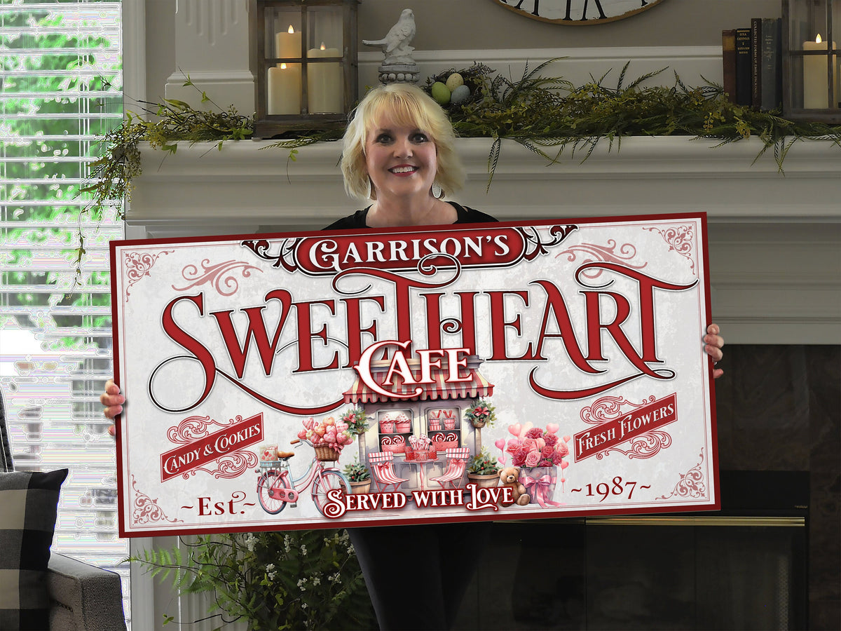 here Canvas Family Name Sweetheart Cafe Valentine's Day Sign | Valentine Decor | Personalized Sweetheart Sign | Valentine's Sign | Valentine's Day Sign