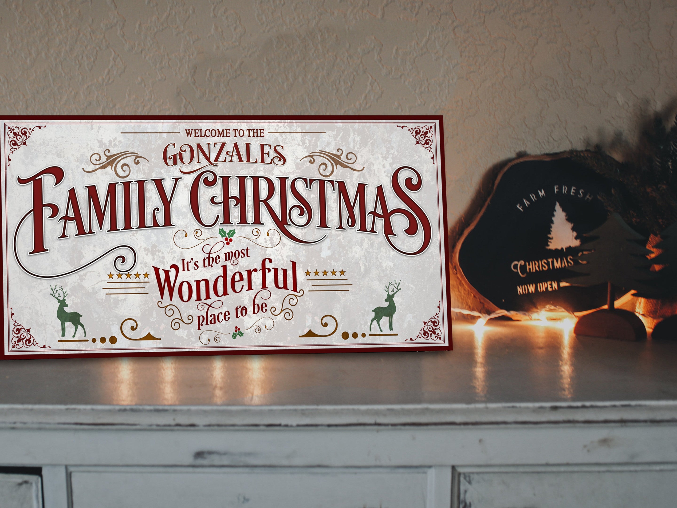 here Canvas Family Christmas Sign | Christmas Decor Sign | Personalized Christmas Sign | Farmhouse Christmas | Farm Wall Decor | Lightly Distressed Sign