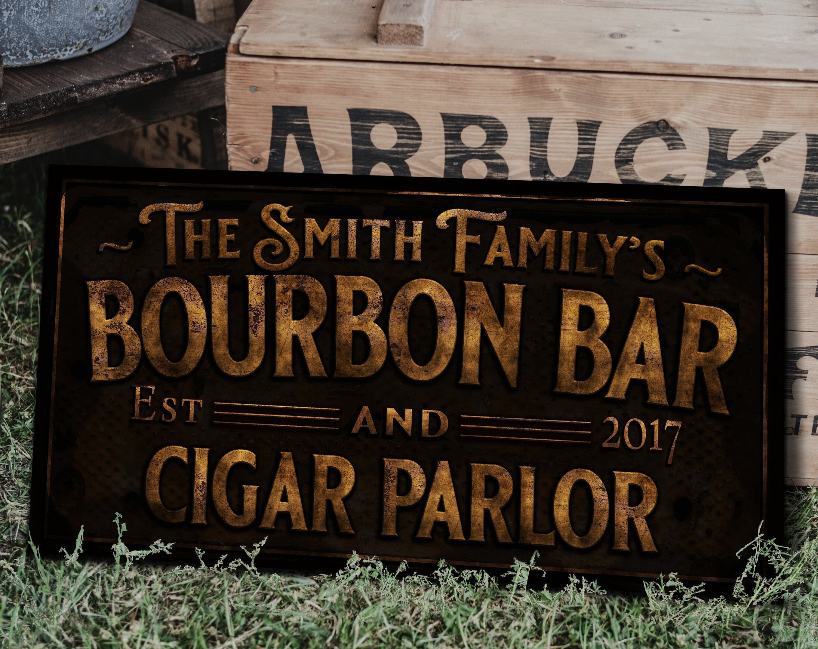 here Canvas Primitive Farmhouse Bourbon Bar Sign | Personalized Bourbon Sign | Bourbon Cigar Lounge Sign | Family Name Bar Sign | Family Bar Sign