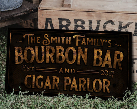 here Canvas Primitive Farmhouse Bourbon Bar Sign | Personalized Bourbon Sign | Bourbon Cigar Lounge Sign | Family Name Bar Sign | Family Bar Sign