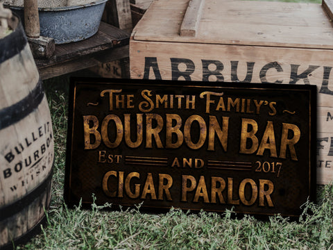 here Canvas Primitive Farmhouse Bourbon Bar Sign | Personalized Bourbon Sign | Bourbon Cigar Lounge Sign | Family Name Bar Sign | Family Bar Sign