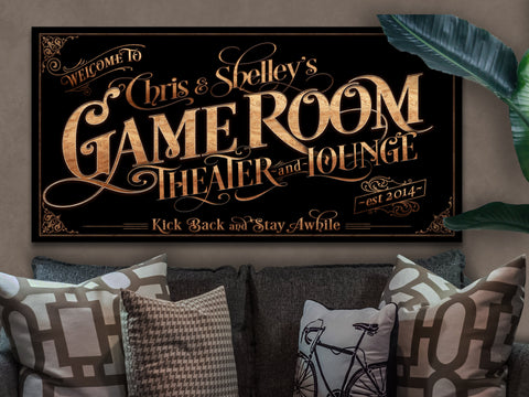 here Canvas Personalized Game Room Sign - Canvas! | Custom Game Room Theater Sign | Farmhouse Sign | Game Room Bar Decor | Custom Theater Sign