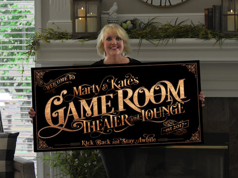 here Canvas Personalized Game Room Sign - Canvas! | Custom Game Room Theater Sign | Farmhouse Sign | Game Room Bar Decor | Custom Theater Sign