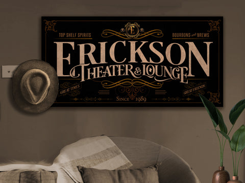 Theater Lounge Sign Canvas| Personalized Family Theater Sign | Custom Theater Sign | Family Name Sign | Family Bar Sign