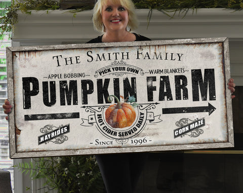 here Canvas Pumpkin Farm Sign | Farmhouse Pumpkin Sign | Personalized Fall Sign | Autumn Sign | Custom Family Name Fall Sign | Autumn Pumpkin Decor