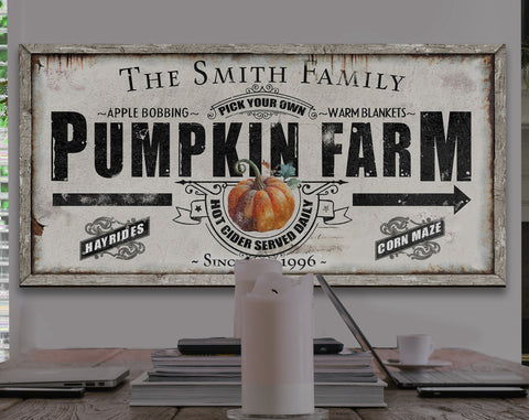 here Canvas Pumpkin Farm Sign | Farmhouse Pumpkin Sign | Personalized Fall Sign | Autumn Sign | Custom Family Name Fall Sign | Autumn Pumpkin Decor