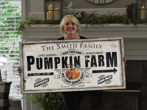 here Canvas Pumpkin Farm Sign | Farmhouse Pumpkin Sign | Personalized Fall Sign | Autumn Sign | Custom Family Name Fall Sign | Autumn Pumpkin Decor