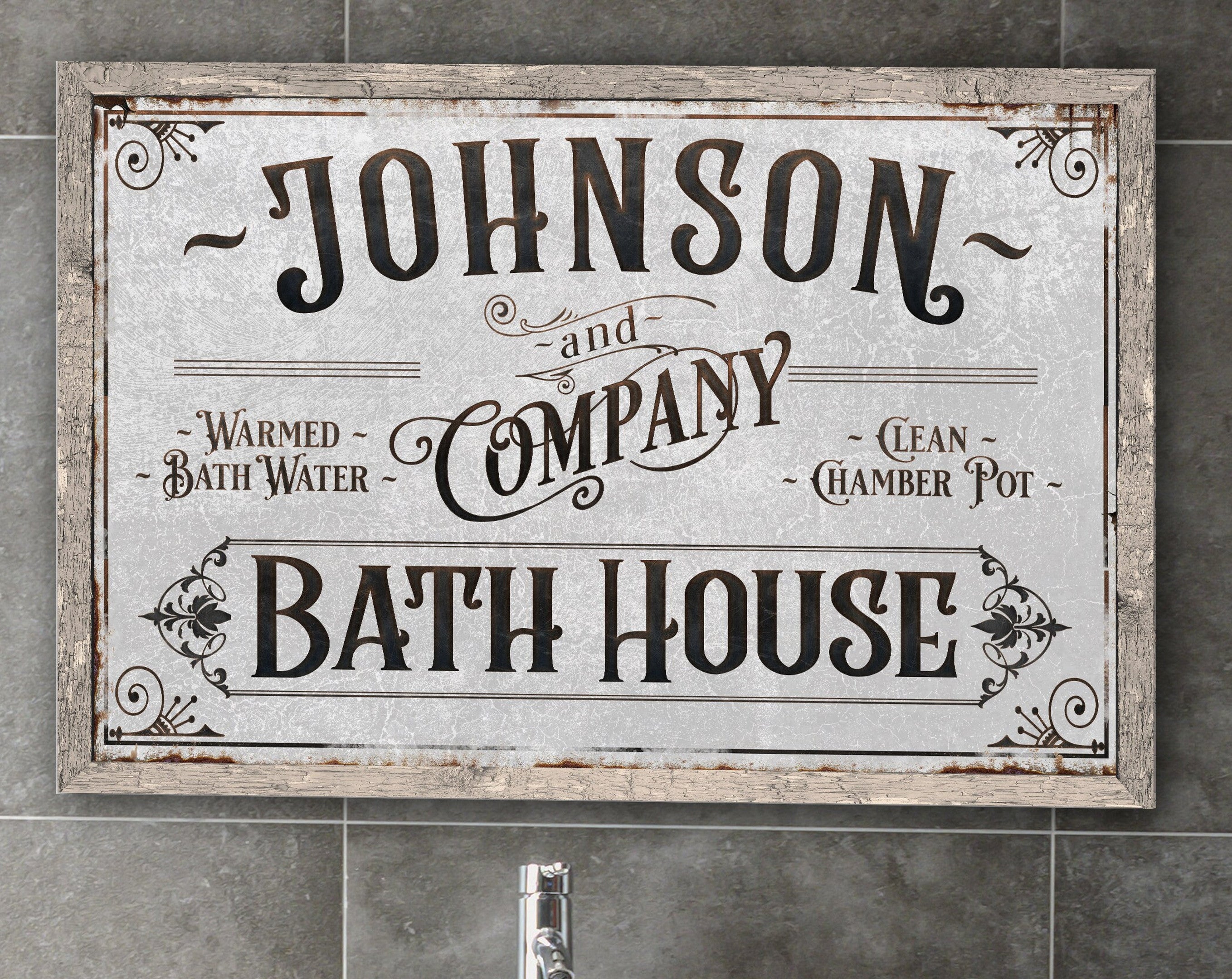 Personalized Bath House Sign Print Canvas | Family Name Bathroom Sign | Bath House Sign | Powder Room Sign | Farmhouse Decor | Distressed Bath Sign