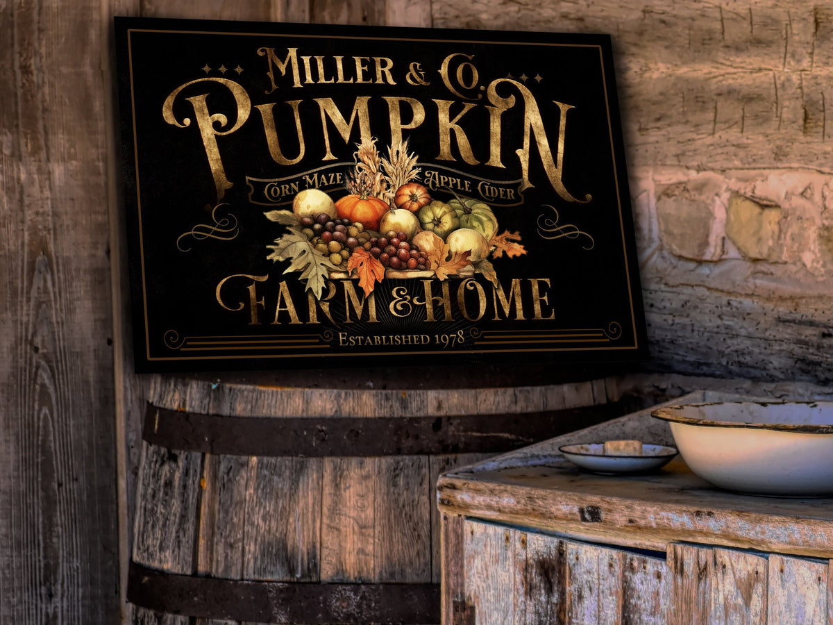 here Canvas Personalized Pumpkin Farm Sign | Farmhouse Pumpkin Sign | Vintage Pumpkin Farm Sign | Large Metal Sign | Large Canvas Sign