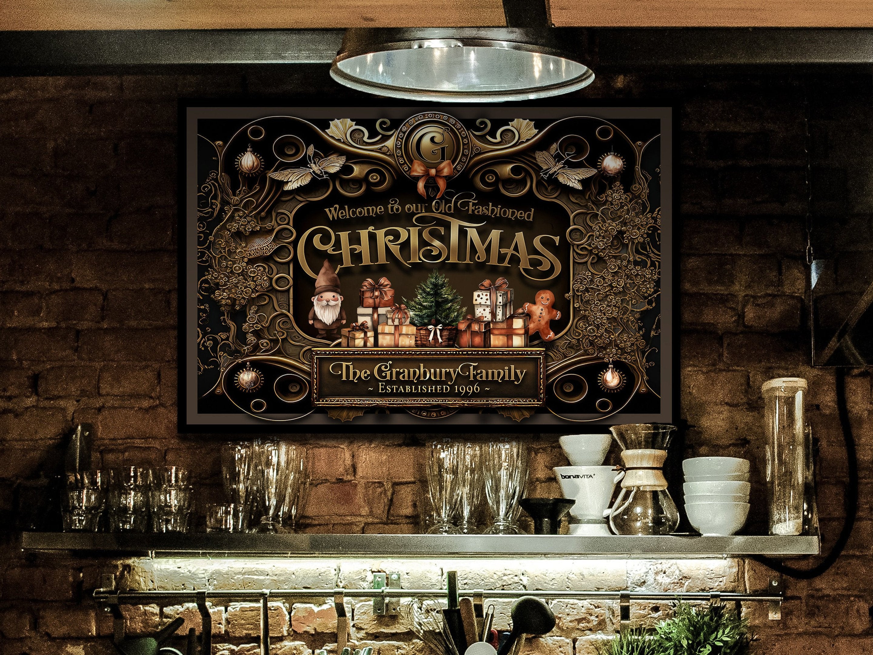 here Canvas Old Fashioned Christmas Decor | Personalized Christmas Sign | Steampunk Metal Wall Art | Steampunk Wall Decor | Large Canvas Sign