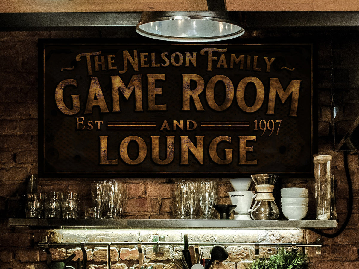 here Canvas Primitive Game Room and Lounge Sign | Personalized Game Room Lounge Sign | Family Game Room Sign | Family Name Sign | Home Bar Sign