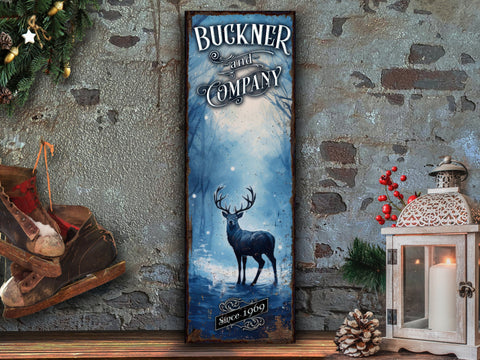 here Canvas Winter Buck Deer Sign | Snowy Elk Deer Sign | Personalized Winter Sign | Custom Name Sign | Custom Porch Sign | Vertical Farmhouse Sign