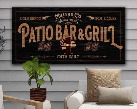 here Canvas Patio Bar & Grill Sign | Patio Sign | Distressed Wood Grain Patio Bar | Family Name Patio Bar Sign | Personalized Name Sign for the Patio